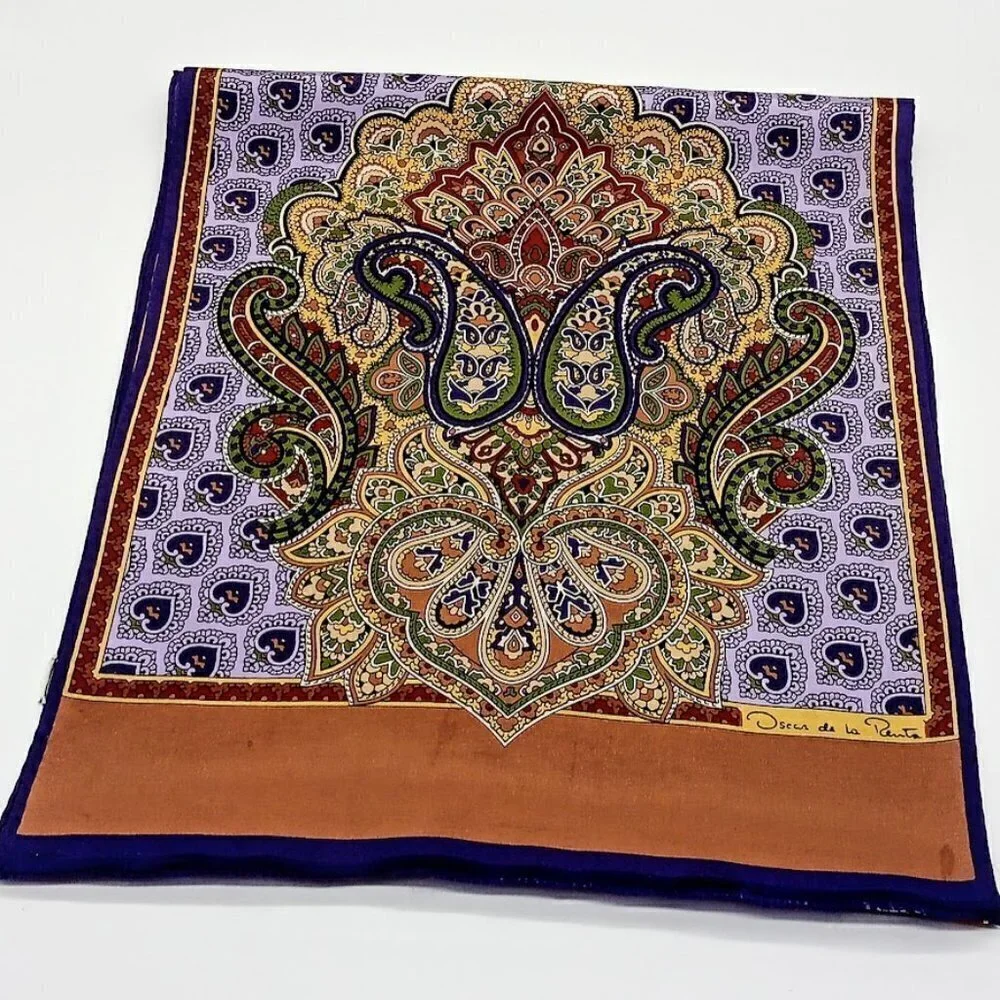 Oscar De La Renta Purple Paisley Heart Silk Fringed Oblong Scarf